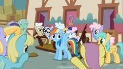 Size: 1366x768 | Tagged: safe, screencap, chelsea porcelain, cloud kicker, geri, lyra heartstrings, minuette, mr. waddle, parasol, pearly stitch, rainbow dash, rainbowshine, sassaflash, sunshower raindrops, pegasus, pony, the mysterious mare do well, animation error, cheer, cheering, missing horn, wingless