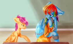 Size: 1024x619 | Tagged: safe, artist:loladotz, derpibooru import, rainbow dash, scootaloo, pegasus, pony, bound wings, clothes, crying, cuffs, prison, prison outfit, prisoner rd, sad, shackles