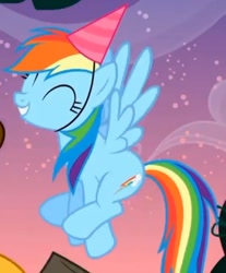 Size: 409x493 | Tagged: safe, screencap, rainbow dash, pegasus, pony, pinkie pride, cute, dashabetes, eyes closed, female, flying, happy, hat, hnnng, mare, party hat, smiling, solo