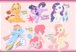 Size: 1600x1100 | Tagged: safe, artist:syotarobo, derpibooru import, fluttershy, pinkie pie, rainbow dash, rarity, twilight sparkle, unicorn twilight, bird, earth pony, pegasus, pony, unicorn, blushing, colored pupils, cute, cutie mark, female, mane six, mare, pixiv