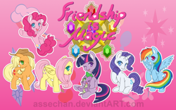 Size: 2400x1500 | Tagged: safe, artist:assechan, derpibooru import, applejack, fluttershy, pinkie pie, rainbow dash, rarity, spike, twilight sparkle, dragon, earth pony, pegasus, pony, unicorn, element of generosity, element of honesty, element of kindness, element of laughter, element of loyalty, element of magic, elements of harmony, hug, mane seven