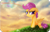 Size: 800x518 | Tagged: safe, artist:karzii, derpibooru import, rainbow dash, scootaloo, pegasus, pony, dandelion, floppy ears, grass, sad, scenery, scootaloo can't fly, solo, sonic rainboom, sunset