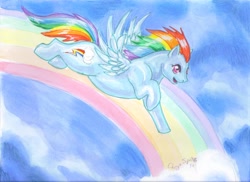 Size: 3509x2549 | Tagged: safe, artist:chrysocollaspots, rainbow dash, pegasus, pony, flying, rainbow, solo, traditional art