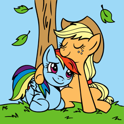 Size: 945x945 | Tagged: safe, artist:allosaurus, artist:megasweet, derpibooru import, applejack, rainbow dash, earth pony, pegasus, pony, appledash, cuddling, female, lesbian, shipping