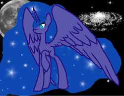 Size: 1017x786 | Tagged: safe, artist:bouclethe42, princess luna, alicorn, pony, galaxy, large mane, large wings, moon, solo, wings