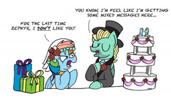 Size: 2150x1252 | Tagged: safe, artist:bobthedalek, derpibooru import, rainbow dash, zephyr breeze, pegasus, pony, flutter brutter, blatant lies, clothes, dialogue, eyes closed, female, grammar error, hat, male, mare, marriage, open mouth, present, shipping, simple background, stallion, straight, suit, top hat, tsunderainbow, tsundere, wedding, wedding cake, wedding veil, white background, zephdash