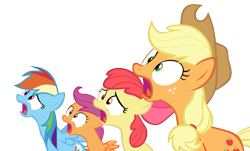 Size: 727x440 | Tagged: safe, artist:samuel039, derpibooru import, apple bloom, applejack, rainbow dash, scootaloo, earth pony, pegasus, pony, reaction image, shocked, simple background, transparent background, vector