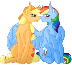 Size: 3600x3300 | Tagged: safe, artist:amazing-artsong, derpibooru import, applejack, rainbow dash, earth pony, pegasus, pony, appledash, blushing, female, hug, lesbian, nuzzling, shipping, simple background, transparent background, winghug