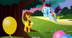 Size: 1152x607 | Tagged: safe, screencap, cheese sandwich, rainbow dash, pegasus, pony, pinkie pride, balloon, meme, youtube caption