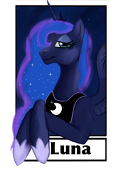 Size: 916x1358 | Tagged: safe, alternate version, artist:danigrilloart, princess luna, alicorn, pony, bust, ethereal mane, female, hoof shoes, mare, peytral, solo, starry mane