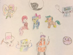 Size: 1024x765 | Tagged: safe, artist:goofermutt, derpibooru import, apple bloom, applejack, derpy hooves, fluttershy, pinkie pie, rainbow dash, rarity, scootaloo, sweetie belle, twilight sparkle, earth pony, pegasus, pony, unicorn, cutie mark crusaders, don't hug me i'm scared, female, mane six, mare