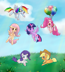 Size: 2000x2200 | Tagged: safe, artist:phyllismi, derpibooru import, applejack, fluttershy, pinkie pie, rainbow dash, rarity, twilight sparkle, twilight sparkle (alicorn), alicorn, earth pony, pegasus, pony, unicorn, balloon, female, mane six, mare, then watch her balloons lift her up to the sky