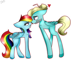 Size: 911x775 | Tagged: safe, artist:illustrativeauthor, derpibooru import, rainbow dash, zephyr breeze, pegasus, pony, flutter brutter, annoyed, female, flirting, heart, male, shipping, simple background, straight, white background, zephdash