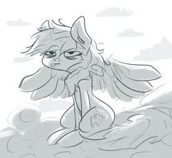 Size: 1280x1173 | Tagged: safe, artist:nobody, derpibooru import, rainbow dash, pegasus, pony, bags under eyes, cloud, messy mane, monochrome, sitting, solo, spread wings, tired