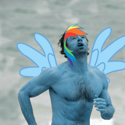 Size: 1000x1000 | Tagged: safe, artist:pixelsofsin, rainbow dash, human, exploitable meme, forced meme, hugh jackman, irl, irl human, meme, my little hugh, photo, recolor