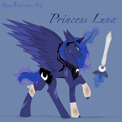 Size: 1080x1080 | Tagged: safe, artist:lunathemoongod, princess luna, alicorn, pony, alternate universe, bandage, scar, slit eyes, solo, sword, warrior luna, weapon