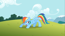 Size: 1366x768 | Tagged: safe, screencap, rainbow dash, pegasus, pony, the mysterious mare do well, blue coat, female, mare, multicolored mane, solo