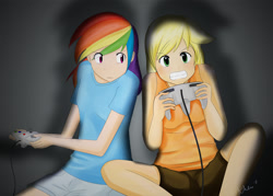 Size: 1100x786 | Tagged: safe, artist:kprovido, derpibooru import, applejack, rainbow dash, human, gaming, humanized, nintendo 64, video game