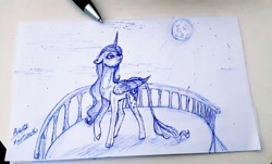 Size: 1280x771 | Tagged: safe, artist:moondaneka, princess luna, alicorn, pony, balcony, female, full moon, irl, leonine tail, lineart, looking up, mare, moon, pen, photo, raised hoof, signature, solo, traditional art