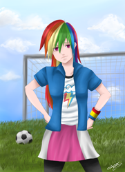 Size: 2480x3425 | Tagged: safe, artist:jenyeongi, derpibooru import, rainbow dash, equestria girls, clothes, compression shorts, field, football, humanized, skirt, solo