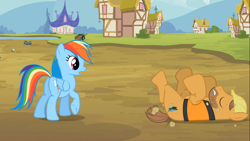 Size: 1366x768 | Tagged: safe, screencap, rainbow dash, pegasus, pony, the mysterious mare do well, faint, jim beam