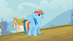 Size: 1366x768 | Tagged: safe, screencap, rainbow dash, pegasus, pony, the mysterious mare do well, blue coat, female, mare, multicolored mane, solo