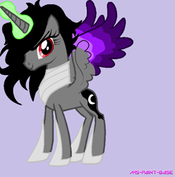 Size: 651x655 | Tagged: safe, alternate version, artist:moonmiyato, princess luna, alicorn, pony, alternate hairstyle, base used, bevor, boots, colored wings, corrupted luna, dark magic, dark princess, glowing horn, gorget, horn, lavender background, magic, no tail, palette swap, recolor, red eyes, shoes, simple background, solo, two color wings, unfinished edit, wings