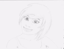 Size: 3300x2550 | Tagged: safe, artist:dave, rainbow dash, human, creepy, creepy grin, humanized, monochrome, pencil drawing, smiling, solo