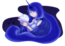 Size: 1280x906 | Tagged: safe, artist:marsiiiii, princess luna, scootaloo, sweetie belle, human, bloom and gloom, for whom the sweetie belle toils, sleepless in ponyville, breasts, cleavage, crystal ball, ethereal mane, female, horn, horned humanization, humanized, simple background, starry mane, transparent background