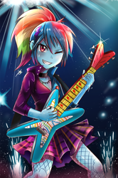 Size: 600x901 | Tagged: safe, artist:tzc, derpibooru import, rainbow dash, equestria girls, friendship through the ages, rainbow rocks, 80s, alternate hairstyle, clothes, electric guitar, female, fishnet stockings, guitar, guitar pick, jewelry, nail polish, necklace, rainbow punk, rockin' hair, skirt, solo, sweat, wink