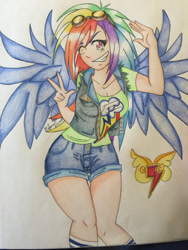 Size: 1024x1365 | Tagged: safe, artist:bpdmommy, derpibooru import, rainbow dash, human, clothes, element of loyalty, goggles, grin, humanized, shorts, smiling, solo, t-shirt, traditional art, vest, winged humanization, wink