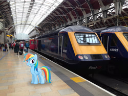 Size: 3264x2448 | Tagged: safe, artist:mrlolcats17, artist:uponia, derpibooru import, rainbow dash, human, class 43, england, high speed train, hst, irl, london, luggage, photo, platform, ponies in real life, solo, train station, vector