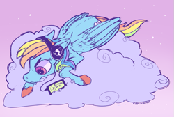 Size: 769x518 | Tagged: safe, artist:comickit, rainbow dash, pegasus, pony, angry, beastie boys, cloud, headphones, hooves, solo