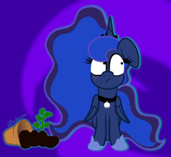 Size: 1618x1484 | Tagged: safe, artist:puperhamster, princess luna, alicorn, cat, cat pony, original species, pony, abstract background, bell, bell collar, blushing, collar, flower pot, solo