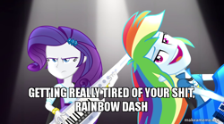 Size: 800x446 | Tagged: safe, derpibooru import, edit, edited screencap, screencap, rainbow dash, rarity, equestria girls, rainbow rocks, caption, image macro, makeameme.org, meme, rainbow sass, vulgar