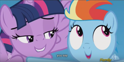 Size: 640x320 | Tagged: safe, artist:mlp-captions, derpibooru import, screencap, rainbow dash, twilight sparkle, twilight sparkle (alicorn), alicorn, pegasus, pony, the cutie re-mark, discovery family logo, filly rainbow dash, lip bite, meme, youtube caption