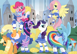 Size: 1200x847 | Tagged: safe, artist:mol, derpibooru import, applejack, fluttershy, pinkie pie, rainbow dash, rarity, twilight sparkle, earth pony, pegasus, pony, unicorn, blushing, cheerleader, cheerleader fluttershy, cheerleader outfit, cheerleader pinkie, cheerleader rainbow dash, cheerleader rarity, cheerleader sparkle, clothes, crystal, crystal empire, cutie mark on clothes, embarrassed, embarrassed underwear exposure, frilly underwear, mane six, panties, panty shot, pink underwear, pom pom, shoes, skirt, socks, sweat, sweatdrop, underwear, upskirt