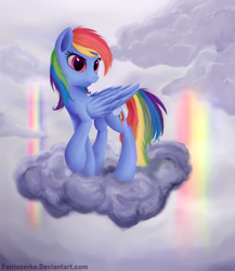 Size: 1630x1875 | Tagged: safe, artist:fantazerko, rainbow dash, pegasus, pony, rainbow falls, cloud, cloudy, solo