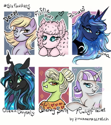 Size: 851x964 | Tagged: safe, artist:pinkamenascratch_art, derpy hooves, granny smith, princess luna, queen chrysalis, twilight velvet, oc, oc:fluffle puff, alicorn, changeling, changeling queen, earth pony, pegasus, pony, unicorn, bust, clothes, colored, female, heart, jewelry, mare, one eye closed, peytral, raised hoof, six fanarts, tiara, wink