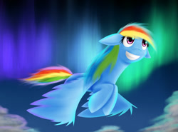 Size: 1038x769 | Tagged: safe, artist:avialexis25, rainbow dash, pegasus, pony, aurora borealis, cloud, female, floppy ears, flying, happy, mare, night, night sky, sky, smiling, solo, spread wings, wings