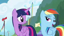 Size: 1920x1080 | Tagged: safe, screencap, rainbow dash, twilight sparkle, twilight sparkle (alicorn), alicorn, pegasus, pony, rainbow falls, female, lidded eyes, mare, out of context