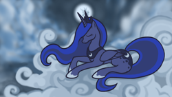 Size: 1820x1023 | Tagged: safe, artist:colorcopycenter, princess luna, alicorn, pony, cloud, crown, eyes closed, female, full moon, hoof shoes, jewelry, mare, mare in the moon, moon, night, peytral, prone, regalia, solo