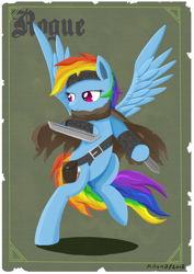 Size: 848x1200 | Tagged: safe, artist:ailynd, derpibooru import, rainbow dash, pegasus, pony, bipedal, blackletter, bracer, cape, clothes, dagger, dual wield, headband, pouch, rogue, shadow, smiling, solo, spread wings, tattered, weapon