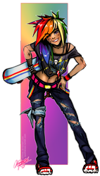 Size: 896x1579 | Tagged: safe, artist:ddhew, rainbow dash, human, belly button, clothes, humanized, moderate dark skin, out of frame, skateboard, solo, torn clothes