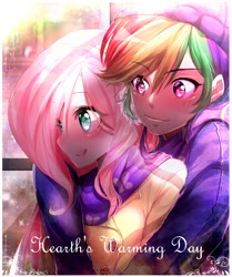 Size: 1203x1439 | Tagged: safe, artist:odaefnyo, derpibooru import, fluttershy, rainbow dash, human, clothes, cute, female, flutterdash, hearth's warming eve, humanized, lesbian, shipping, smiling