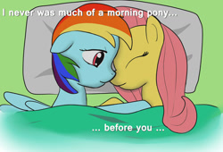 Size: 1496x1016 | Tagged: safe, artist:garlandgala, fluttershy, rainbow dash, pegasus, pony, bed, female, flutterdash, lesbian, shipping