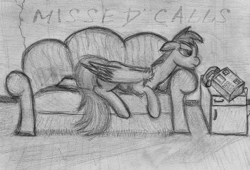 Size: 1156x784 | Tagged: safe, artist:athlete-grizzle, rainbow dash, pegasus, pony, monochrome, phone, sofa, solo, traditional art