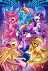 Size: 800x1200 | Tagged: safe, artist:tsaoshin, derpibooru import, applejack, fluttershy, pinkie pie, rainbow dash, rarity, twilight sparkle, twilight sparkle (alicorn), alicorn, earth pony, pegasus, pony, unicorn, large wings, mane six, wings