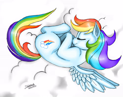 Size: 3232x2552 | Tagged: safe, artist:shikidark, derpibooru import, rainbow dash, pegasus, pony, sleeping, solo