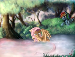 Size: 1600x1200 | Tagged: safe, artist:miokomata, fluttershy, rainbow dash, pegasus, pony, bathing, female, floppy ears, flutterdash, gritted teeth, lesbian, outdoors, pond, raised leg, shipping, spread wings, tree, watching, water, wet